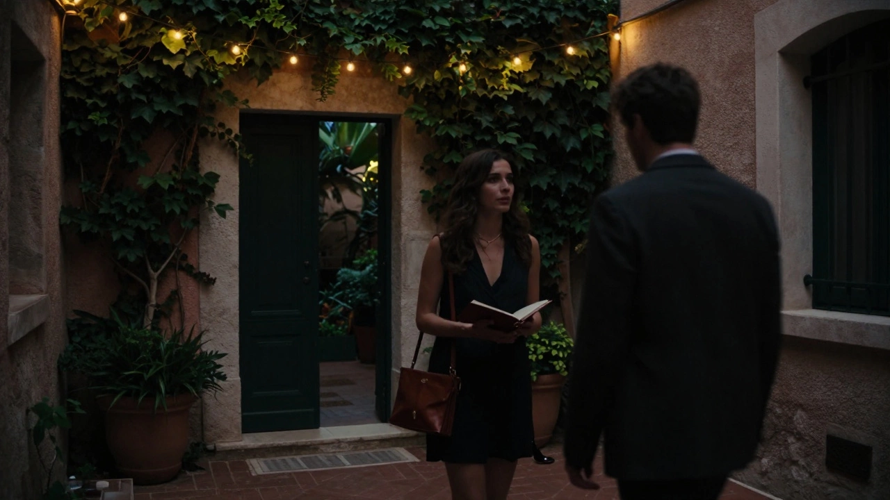 Two silhouettes walk through a hidden Monaco courtyard under soft lights, conveying discreet companionship.